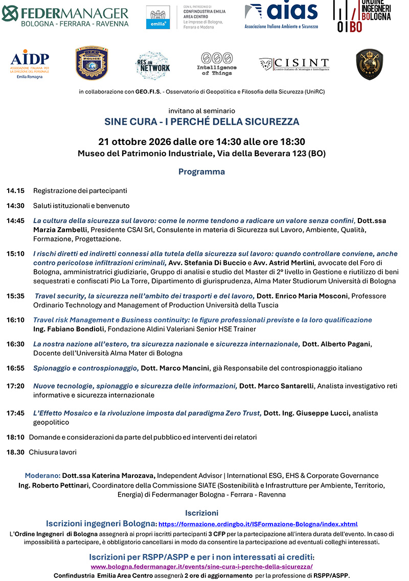 Sine Cura: Safety e Security Integrata | Res On Network Convegno Sicurezza Federmanager Bologna 21.10.26